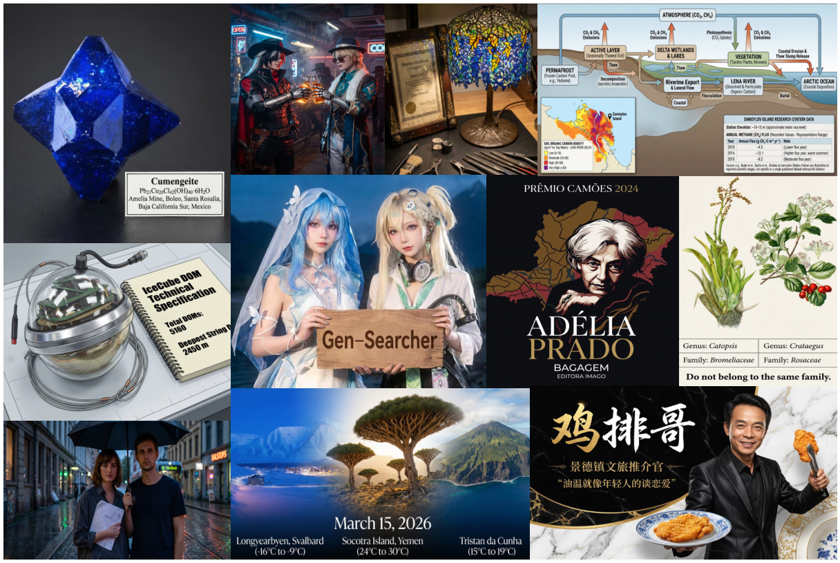 Search-grounded image generation examples from Gen-Searcher